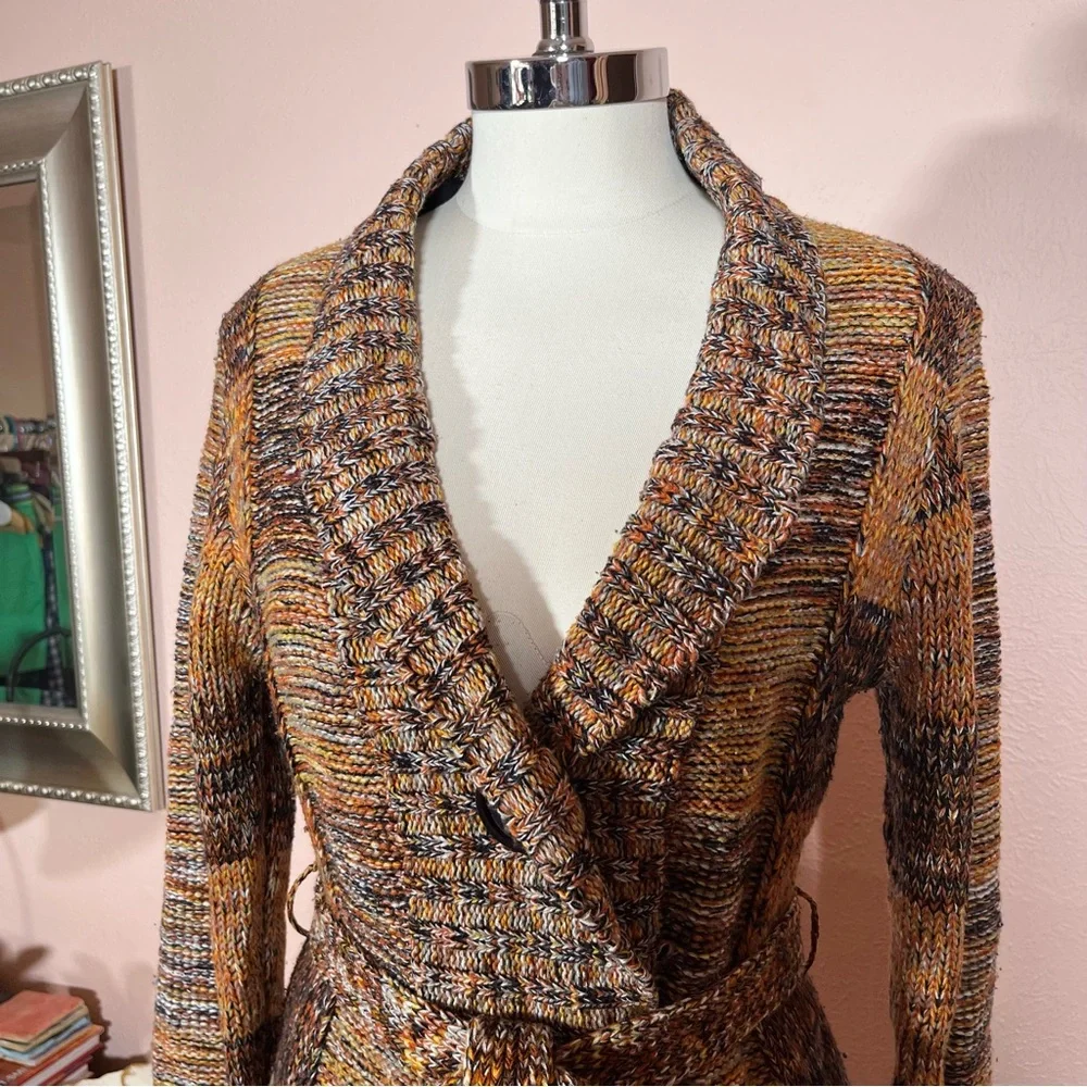 Vintage 60 70 Mod Patchwork Plaid Brown Burnt Orange Tie waist Cardigan Sweater - Picture 15 of 16